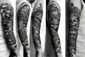 Japanese style upper arm sleeve with sketches of a skull like Leonardo da Vinci drew, an open book, a monarch butterfly, and an old fashioned cocktail tattoo idea