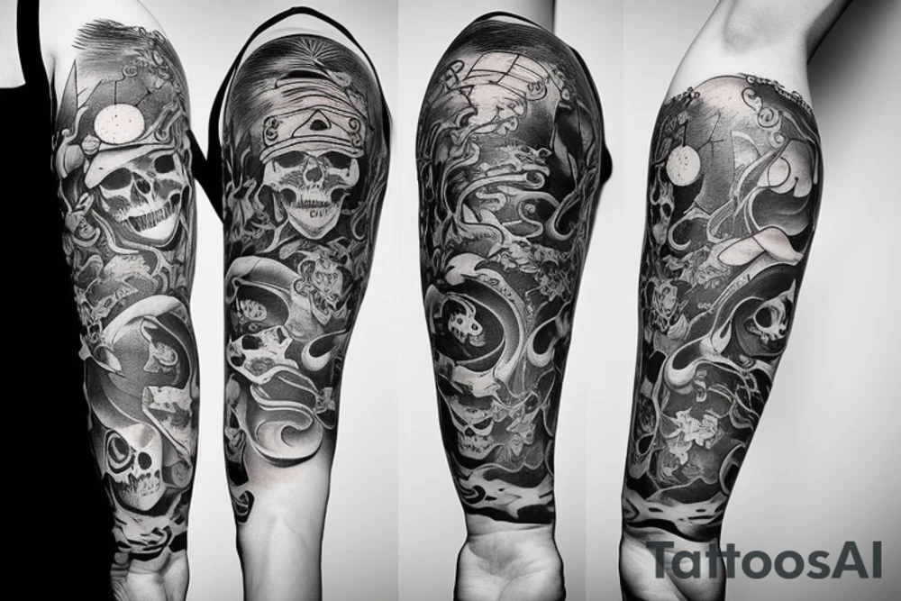 Japanese style upper arm sleeve with sketches of a skull like Leonardo da Vinci drew, an open book, a monarch butterfly, and an old fashioned cocktail tattoo idea