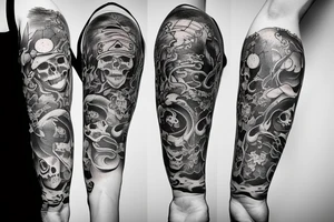 Japanese style upper arm sleeve with sketches of a skull like Leonardo da Vinci drew, an open book, a monarch butterfly, and an old fashioned cocktail tattoo idea