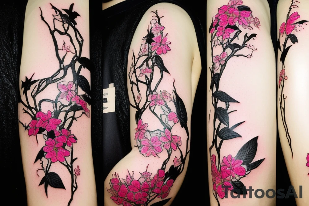 Arm sleeve with japensrs style black filler, Bougainvillea, a book, a cocktail glass tattoo idea