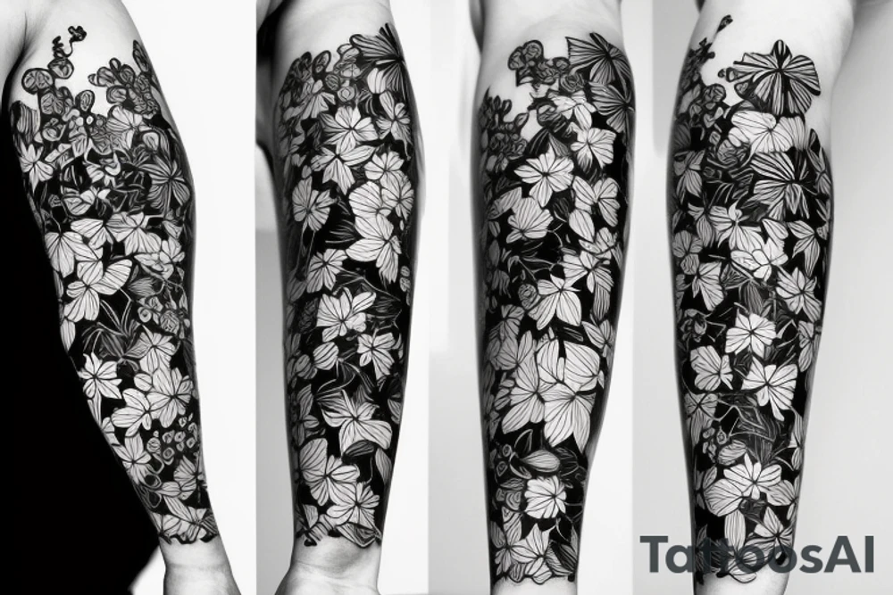 Arm sleeve with japensrs style black filler, Bougainvillea, a book, a cocktail glass tattoo idea