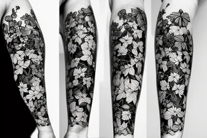 Arm sleeve with japensrs style black filler, Bougainvillea, a book, a cocktail glass tattoo idea