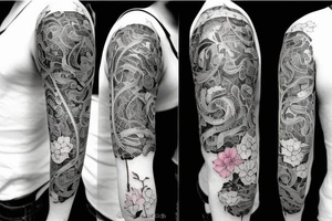 Arm sleeve with Japanese style black filler, Bougainvillea, a book, a cocktail glass tattoo idea