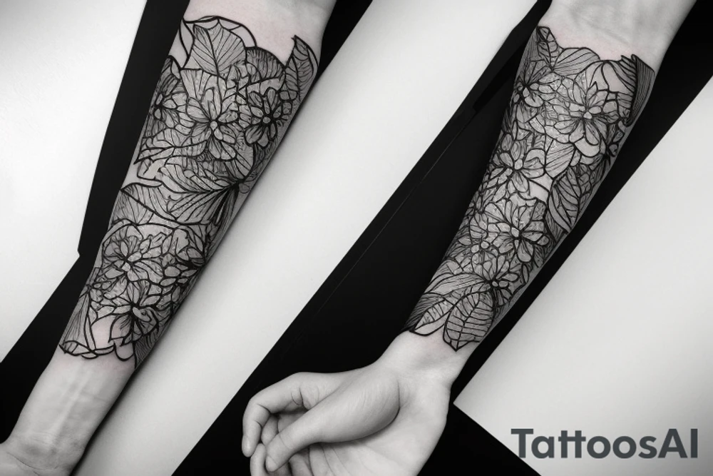 Arm sleeve with Japanese style black filler, Bougainvillea, a book, a cocktail glass tattoo idea