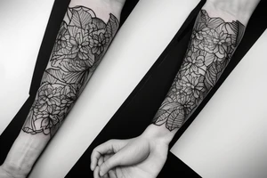 Arm sleeve with Japanese style black filler, Bougainvillea, a book, a cocktail glass tattoo idea