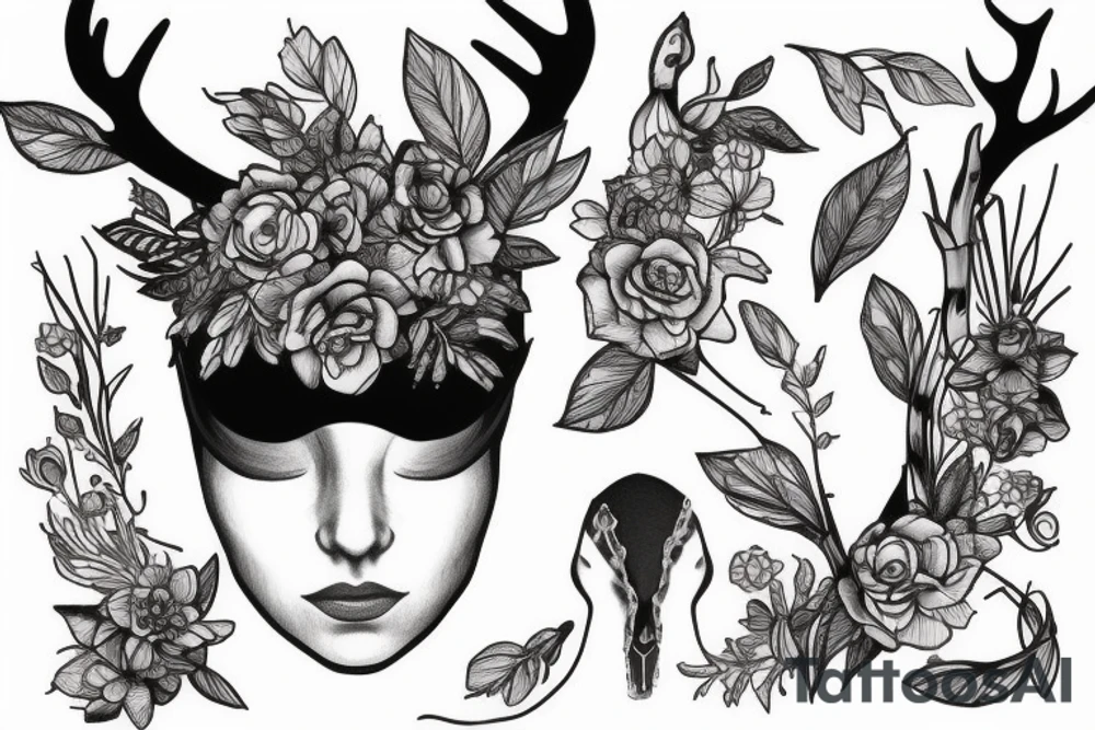 woman with dark hair with a blindfold over her eyes. cut off at the neck, no more of her body is visible. below her there is a deer antler without the skull, covered in flowers tattoo idea