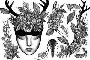woman with dark hair with a blindfold over her eyes. cut off at the neck, no more of her body is visible. below her there is a deer antler without the skull, covered in flowers tattoo idea