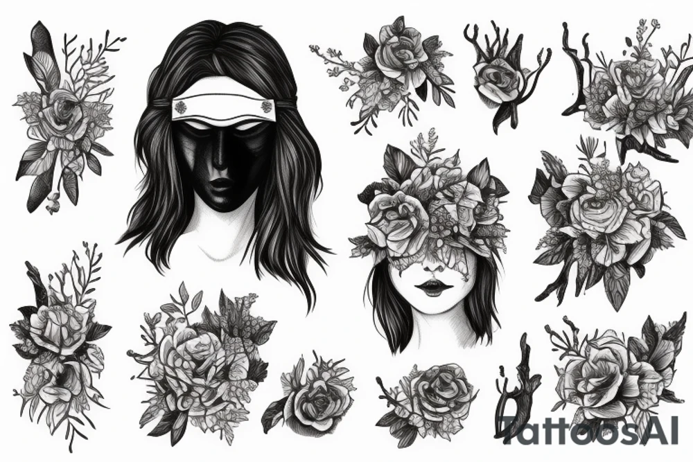 woman with dark hair with a blindfold over her eyes. cut off at the neck, no more of her body is visible. below her there is a deer antler without the skull, covered in flowers tattoo idea