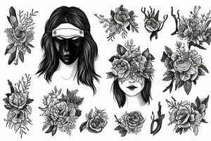 woman with dark hair with a blindfold over her eyes. cut off at the neck, no more of her body is visible. below her there is a deer antler without the skull, covered in flowers tattoo idea