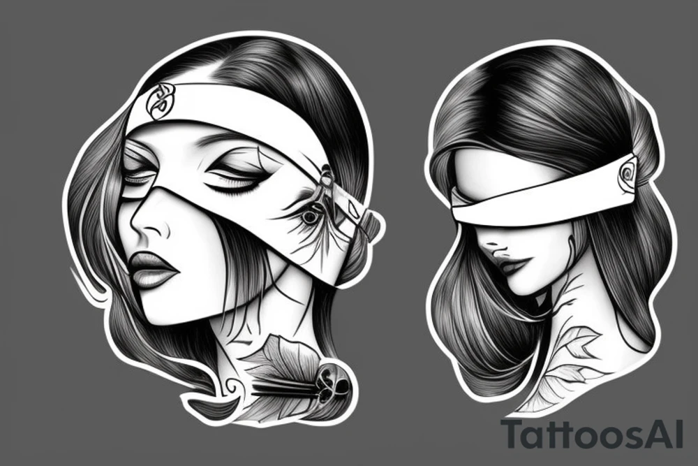 woman with dark hair with a blindfold over her eyes. cut off at the neck, no more of her body is visible. tattoo idea