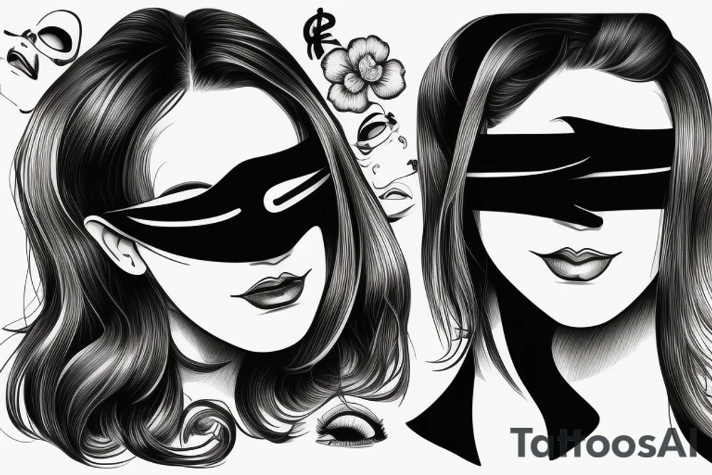 woman with dark hair with a blindfold over her eyes. cut off at the neck, no more of her body is visible. tattoo idea