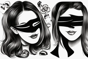 woman with dark hair with a blindfold over her eyes. cut off at the neck, no more of her body is visible. tattoo idea