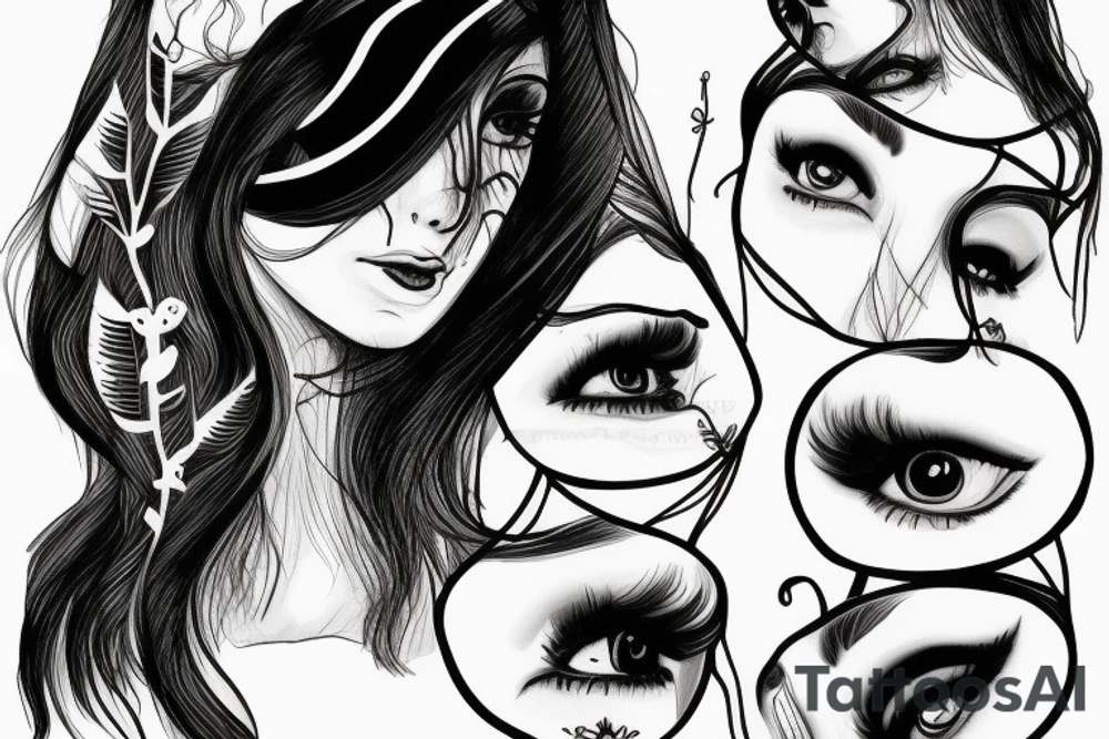 woman with dark hair with a blindfold over her eyes tattoo idea