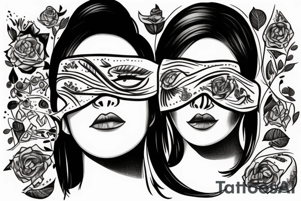 woman with dark hair with a blindfold over her eyes tattoo idea