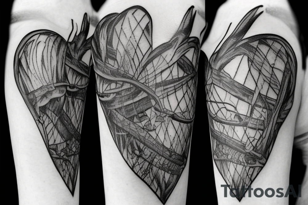 an anatomical heart in a bird cage, some of the cage is branches tattoo idea