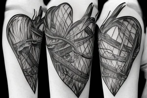 an anatomical heart in a bird cage, some of the cage is branches tattoo idea