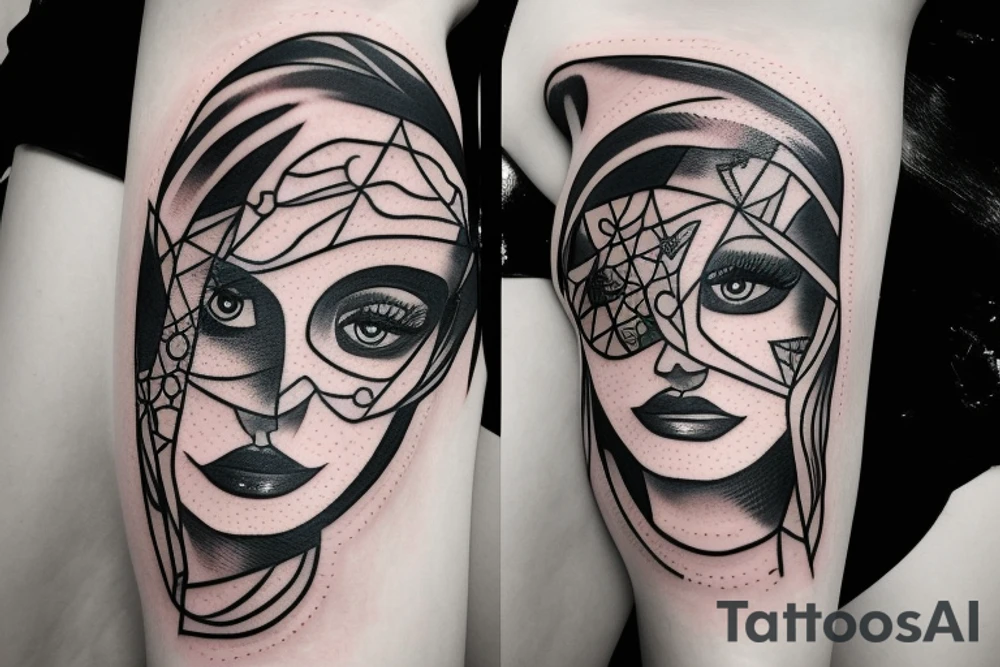 woman's face with a blindfold tattoo idea