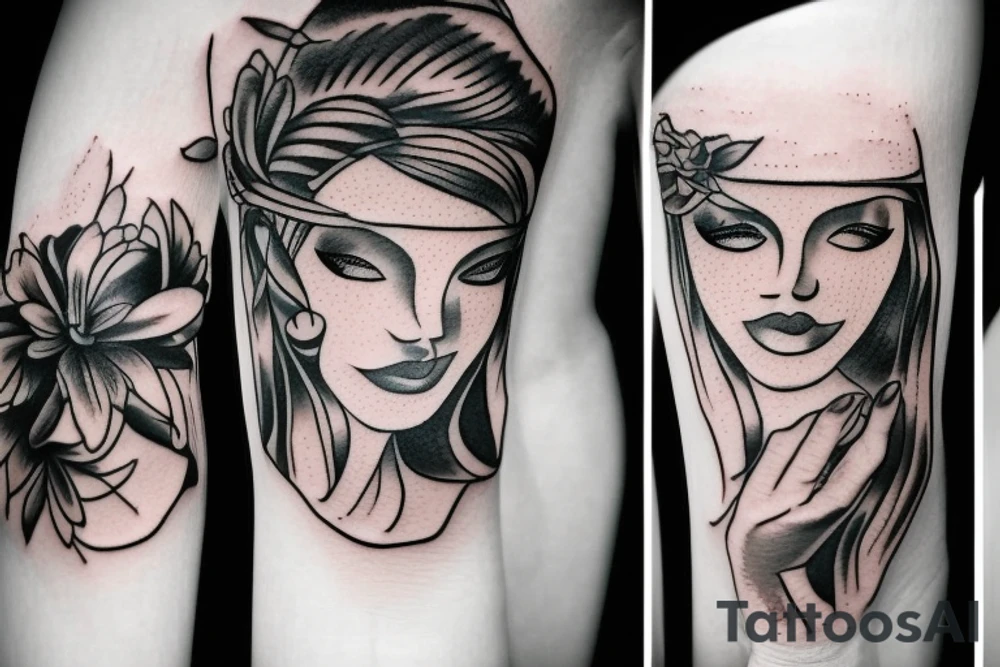 blindfolded woman tattoo idea