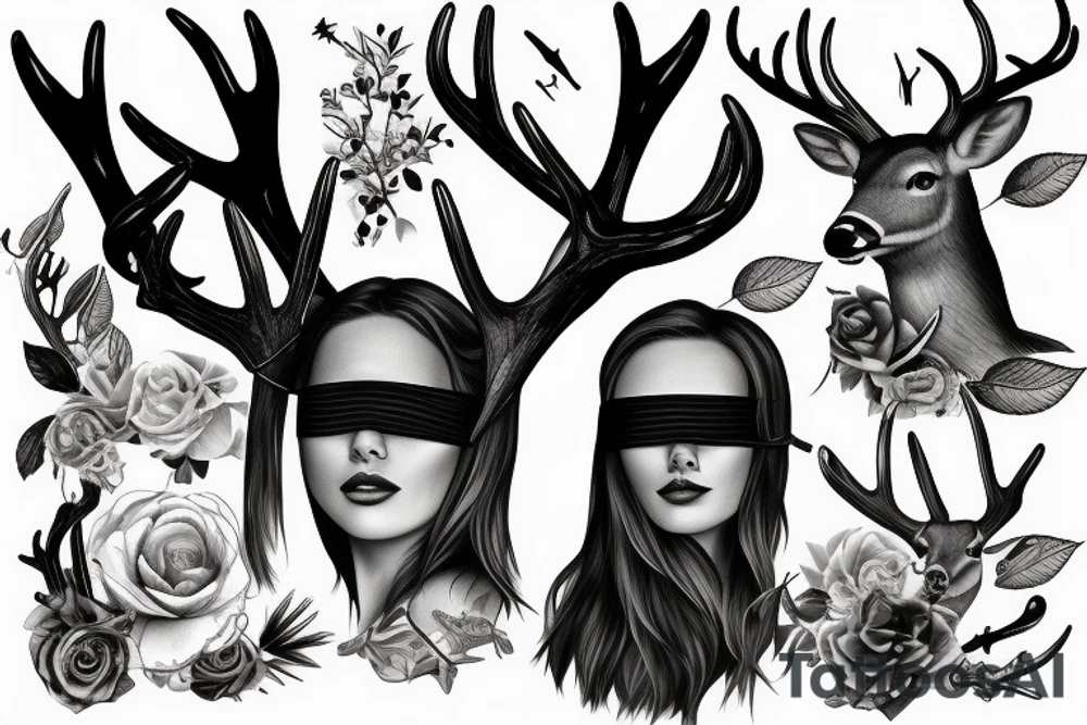 blindfolded woman, deer antlers below her tattoo idea