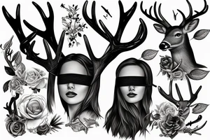 blindfolded woman, deer antlers below her tattoo idea