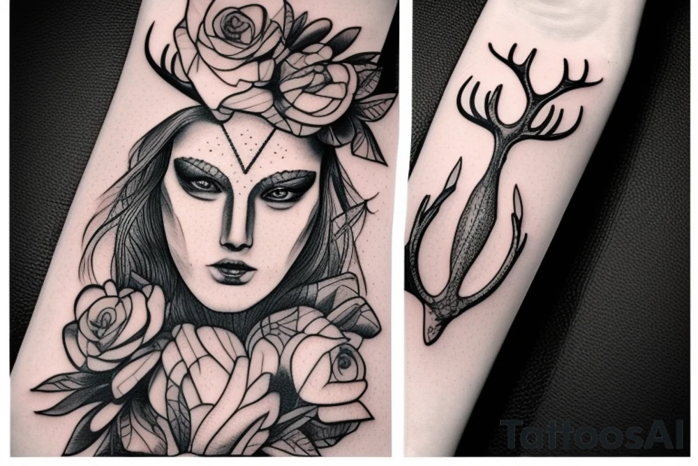 blindfolded woman, deer antlers below her tattoo idea