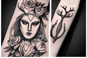blindfolded woman, deer antlers below her tattoo idea