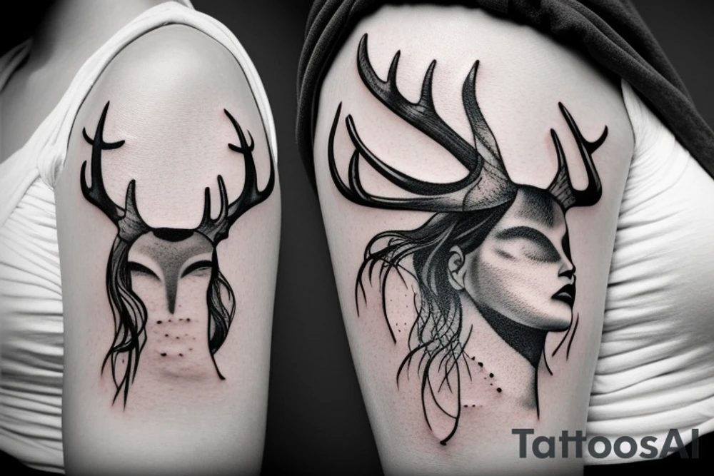 blindfolded woman, deer antlers below her tattoo idea