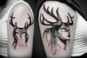blindfolded woman, deer antlers below her tattoo idea