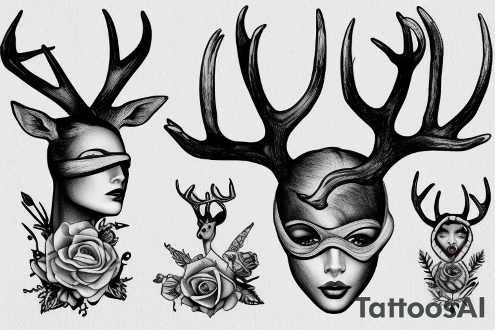 blindfolded woman, deer antlers below her tattoo idea