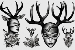 blindfolded woman, deer antlers below her tattoo idea