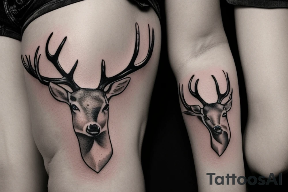 blindfolded woman, deer antlers below her tattoo idea