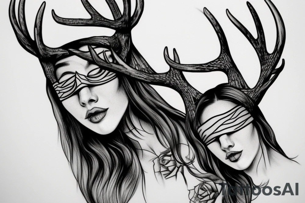 blindfolded woman, deer antlers below her tattoo idea