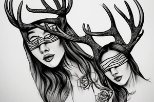 blindfolded woman, deer antlers below her tattoo idea