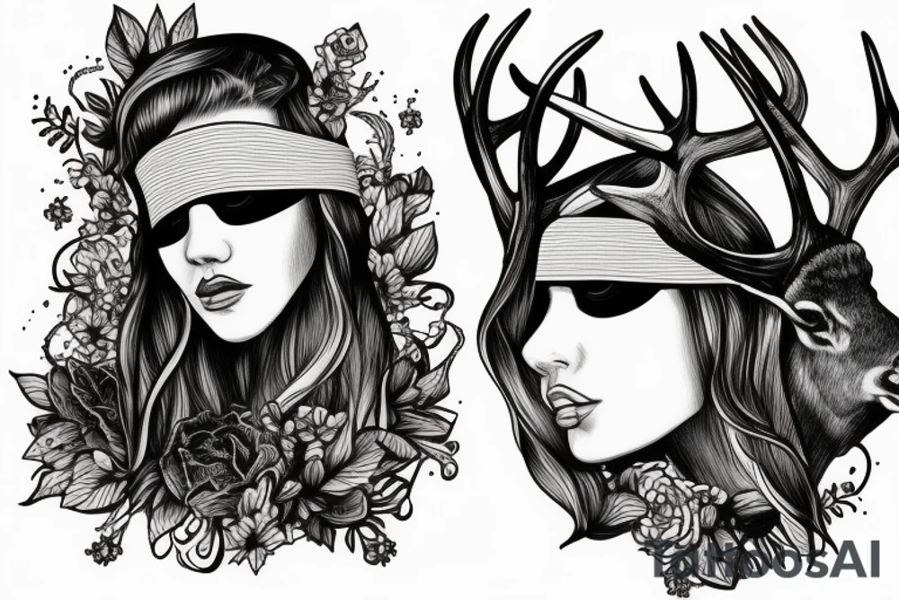blindfolded woman, deer antlers below her tattoo idea