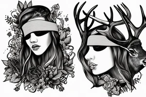 blindfolded woman, deer antlers below her tattoo idea