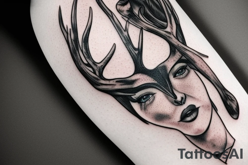 blindfolded woman, deer antlers below her tattoo idea