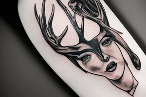 blindfolded woman, deer antlers below her tattoo idea