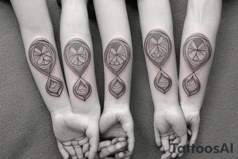 The design of this tattoo depicts a mother and her daughters holding hands in the shape of infinity. The slogan for this tattoo could be "Humble and Kind" tattoo idea