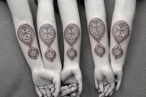 The design of this tattoo depicts a mother and her daughters holding hands in the shape of infinity. The slogan for this tattoo could be "Humble and Kind" tattoo idea