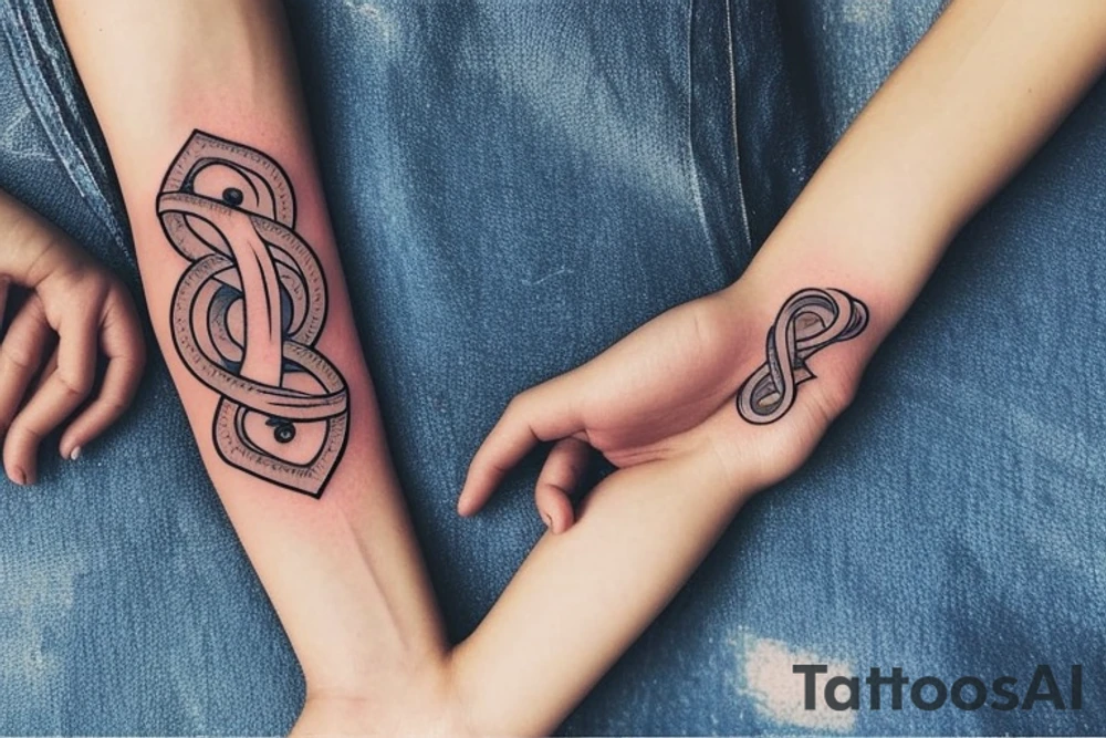 The design of this tattoo depicts a mother and her daughters holding hands in the shape of infinity. The slogan for this tattoo could be "Humble and Kind" tattoo idea