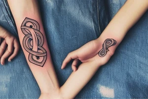 The design of this tattoo depicts a mother and her daughters holding hands in the shape of infinity. The slogan for this tattoo could be "Humble and Kind" tattoo idea