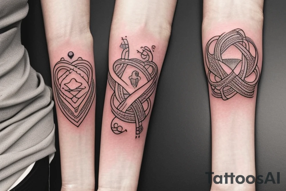The design of this tattoo depicts a mother and her daughters holding hands in the shape of infinity. The slogan for this tattoo could be "Humble and Kind" tattoo idea