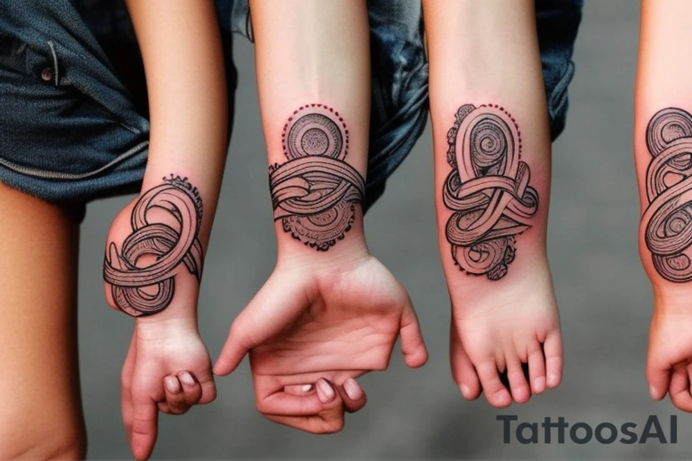 The design of this tattoo depicts a mother and her daughters holding hands in the shape of infinity. The slogan for this tattoo could be "Humble and Kind" tattoo idea