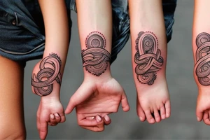 The design of this tattoo depicts a mother and her daughters holding hands in the shape of infinity. The slogan for this tattoo could be "Humble and Kind" tattoo idea