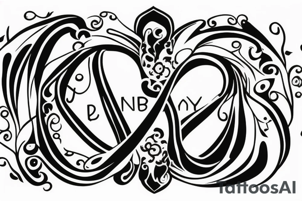 An infinity shape for a mother and three daughters. Must be inscribed "Humble and Kind". On a white background tattoo idea