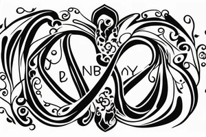 An infinity shape for a mother and three daughters. Must be inscribed "Humble and Kind". On a white background tattoo idea