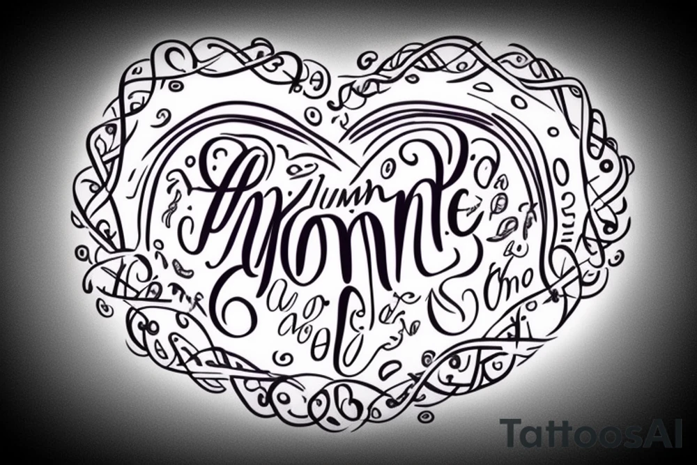 An infinity shape for a mother and three daughters. Must be inscribed "Humble and Kind". On a white background tattoo idea