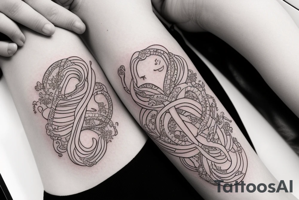 An infinity shape for a mother and three daughters. Must be inscribed "Humble and Kind". On a white background tattoo idea