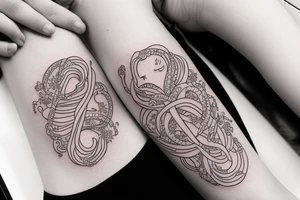 An infinity shape for a mother and three daughters. Must be inscribed "Humble and Kind". On a white background tattoo idea