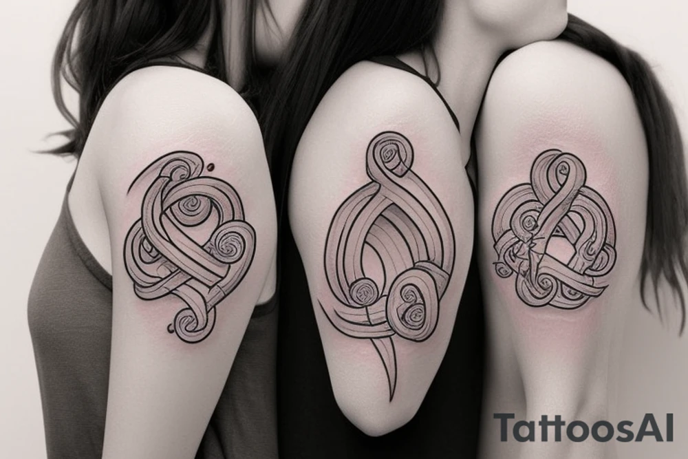 An infinity shape for a mother and three daughters. Must be inscribed "Humble and Kind". On a white background tattoo idea